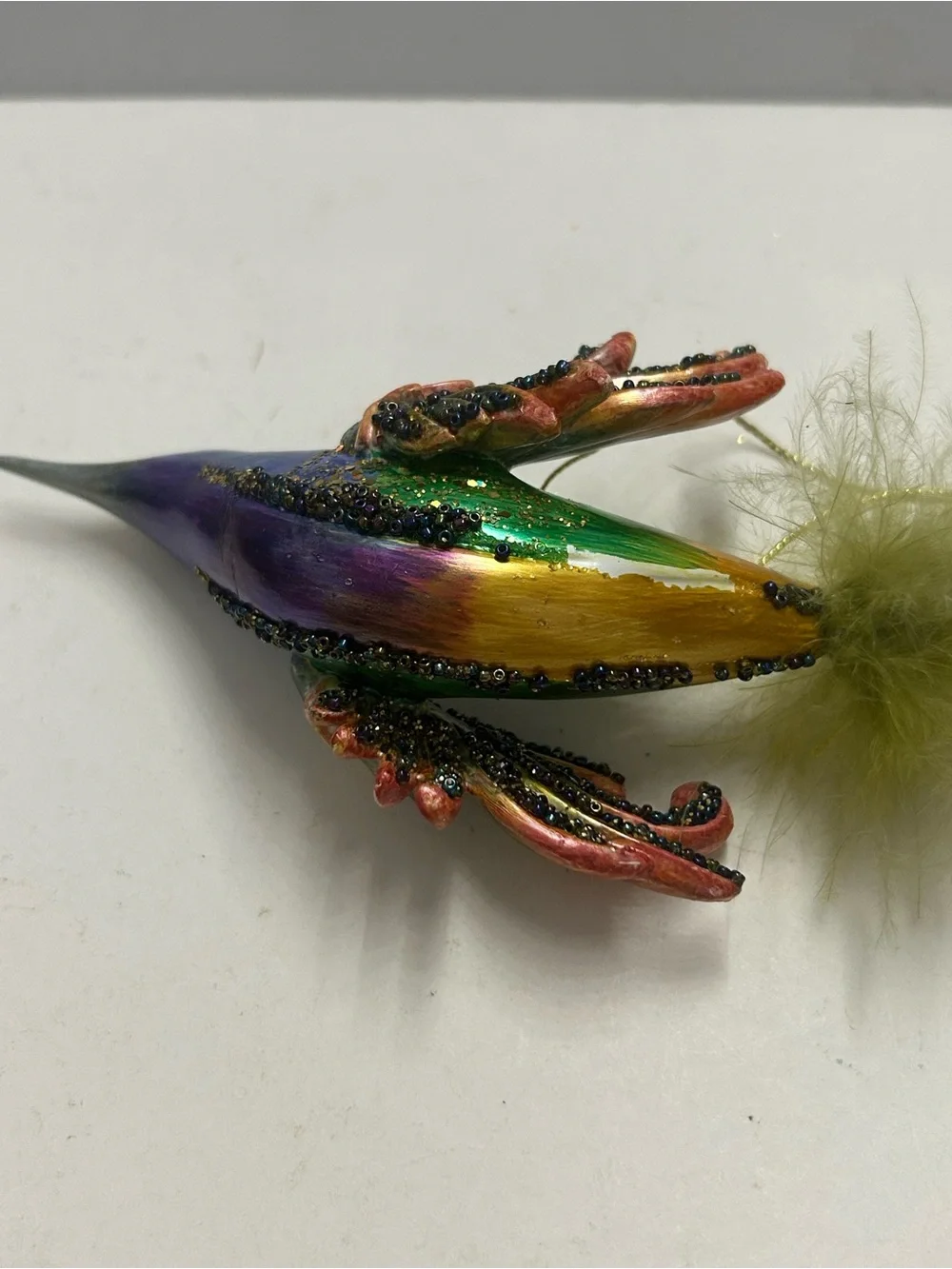 Iridescent Bird Ornaments Hummingbird with Feathered and Beaded Tails Vintage